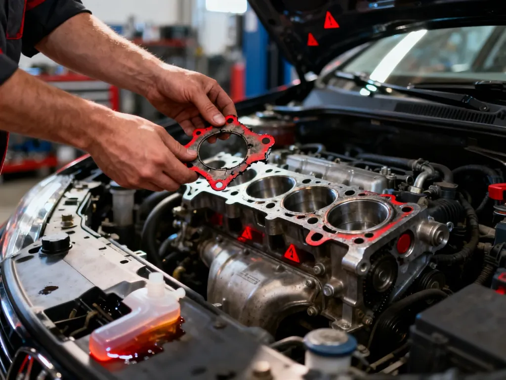 Mechanik dokonuje inspekcji uszkodzonej uszczelki pod głowicą silnika, wskazując na ślady wycieku płynu chłodniczego.