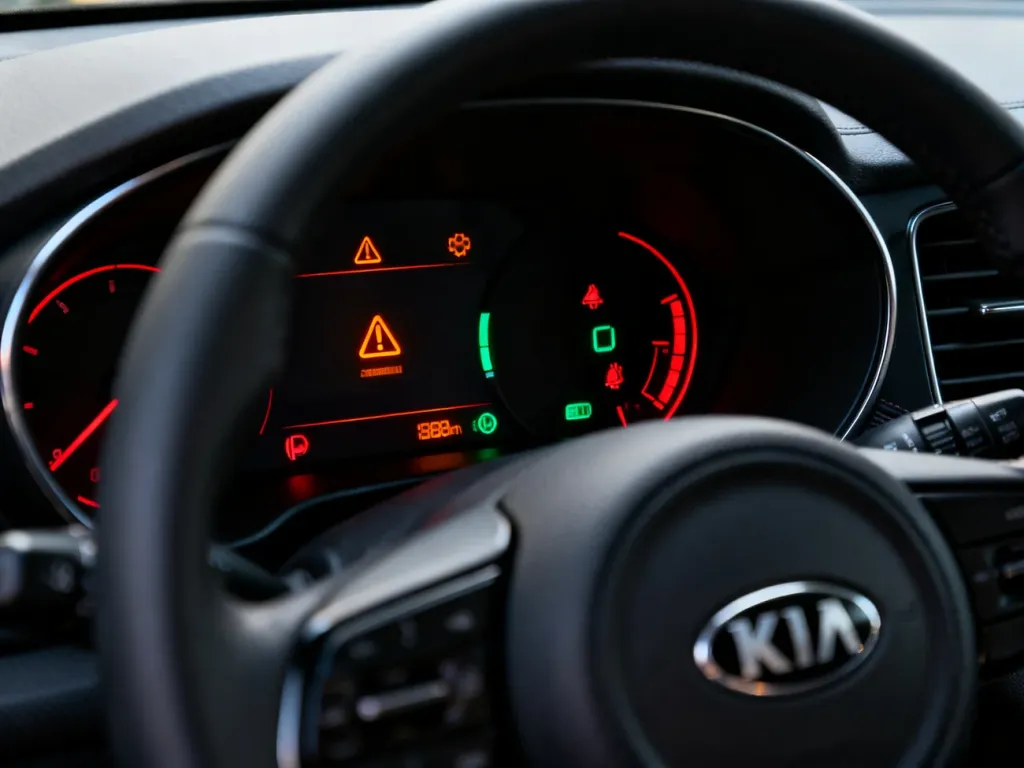Zbliżenie na deskę rozdzielczą Kia Sportage z podświetlonymi kontrolkami ostrzegawczymi i wskaźnikami.