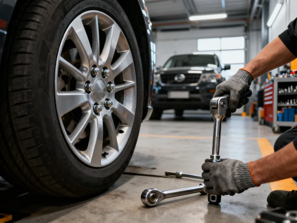 Mechanik dokręca śruby koła samochodu za pomocą klucza dynamometrycznego w profesjonalnym warsztacie.