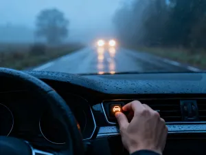 Nowoczesny reflektor samochodowy na tle polskiej drogi, symbolizujący nowe przepisy dotyczące oświetlenia pojazdów.
