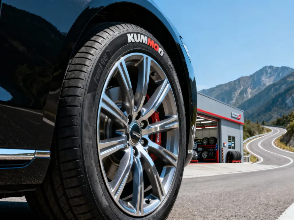 Czarny sedan z oponami Kumho na tle nowoczesnego serwisu i górskiej drogi, podkreślający jakość i styl marki.