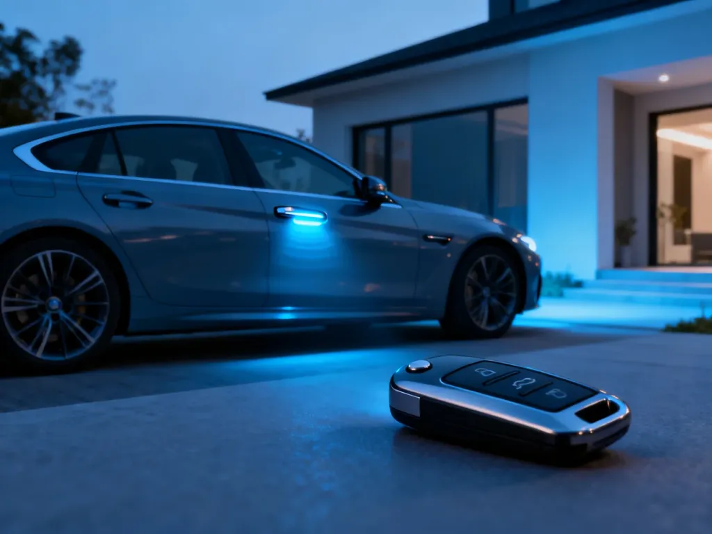 Nowoczesny samochód z systemem keyless entry oraz kluczyk zbliżeniowy na tle współczesnego domu.