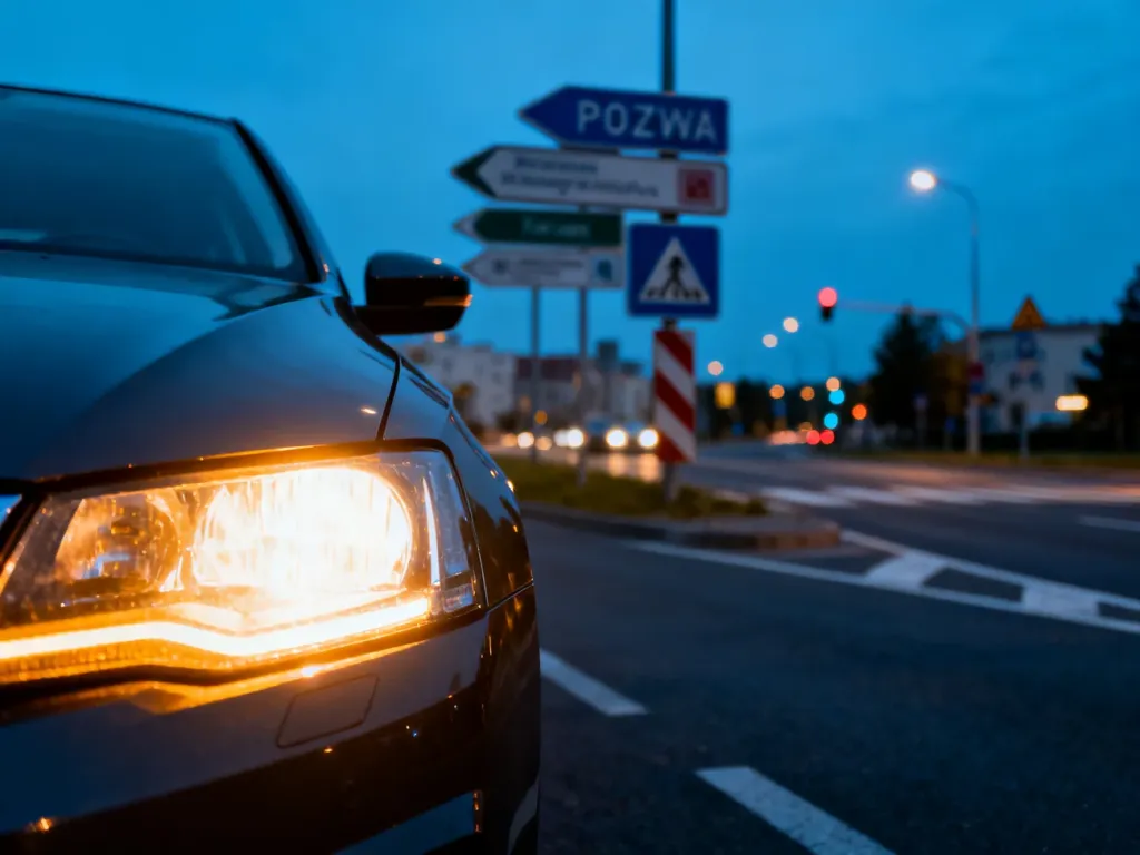 Nowoczesny reflektor samochodowy na tle polskiej drogi, symbolizujący nowe przepisy dotyczące oświetlenia pojazdów.