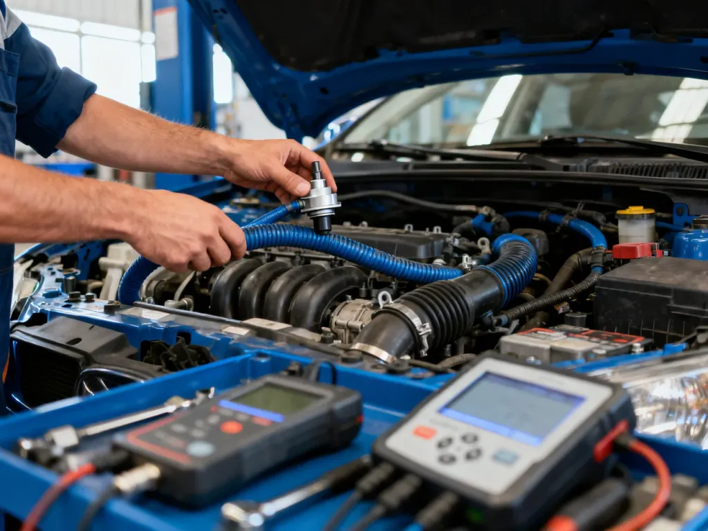 Mechanik sprawdza zawór odmy i przewody w otwartej komorze silnika, używając narzędzi diagnostycznych.