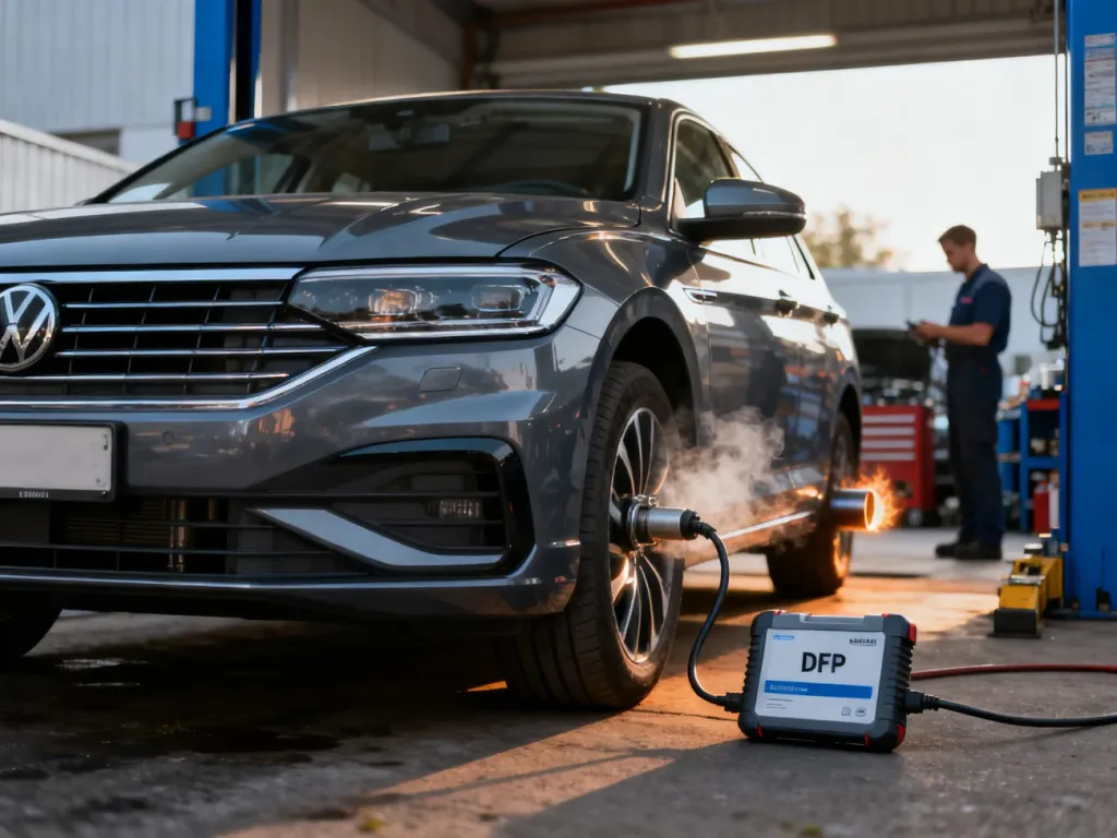 Mechanik monitoruje proces wypalania filtra DPF w nowoczesnym samochodzie z podłączonym urządzeniem diagnostycznym.